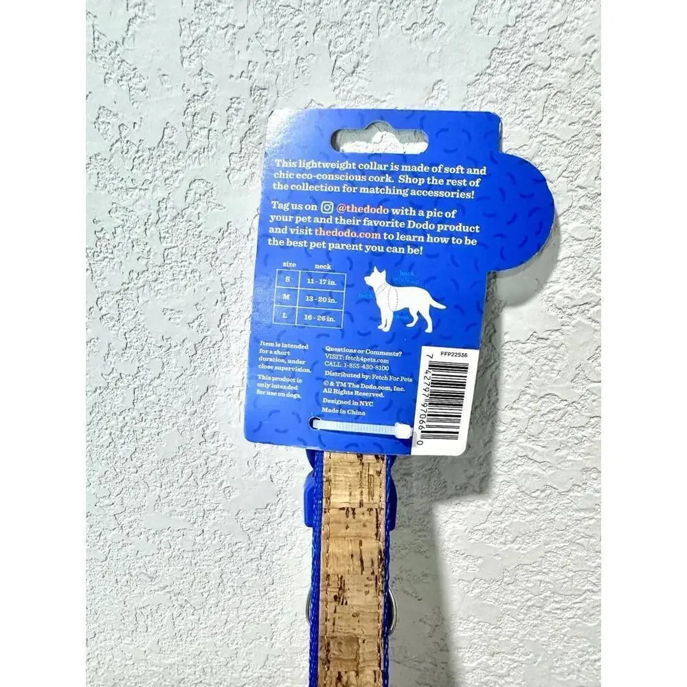 NWT The dodo Dog Collar Stripe Cork Material Blue Size Lg Neck Size 16-26in. Eco